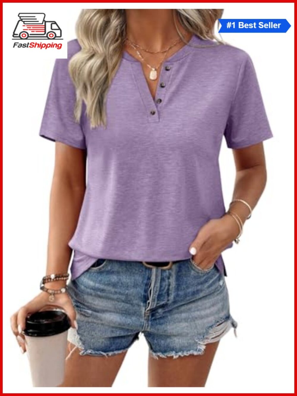 Women's V Neck Short Sleeve Button Loose Fit Cotton Blend T Shirt